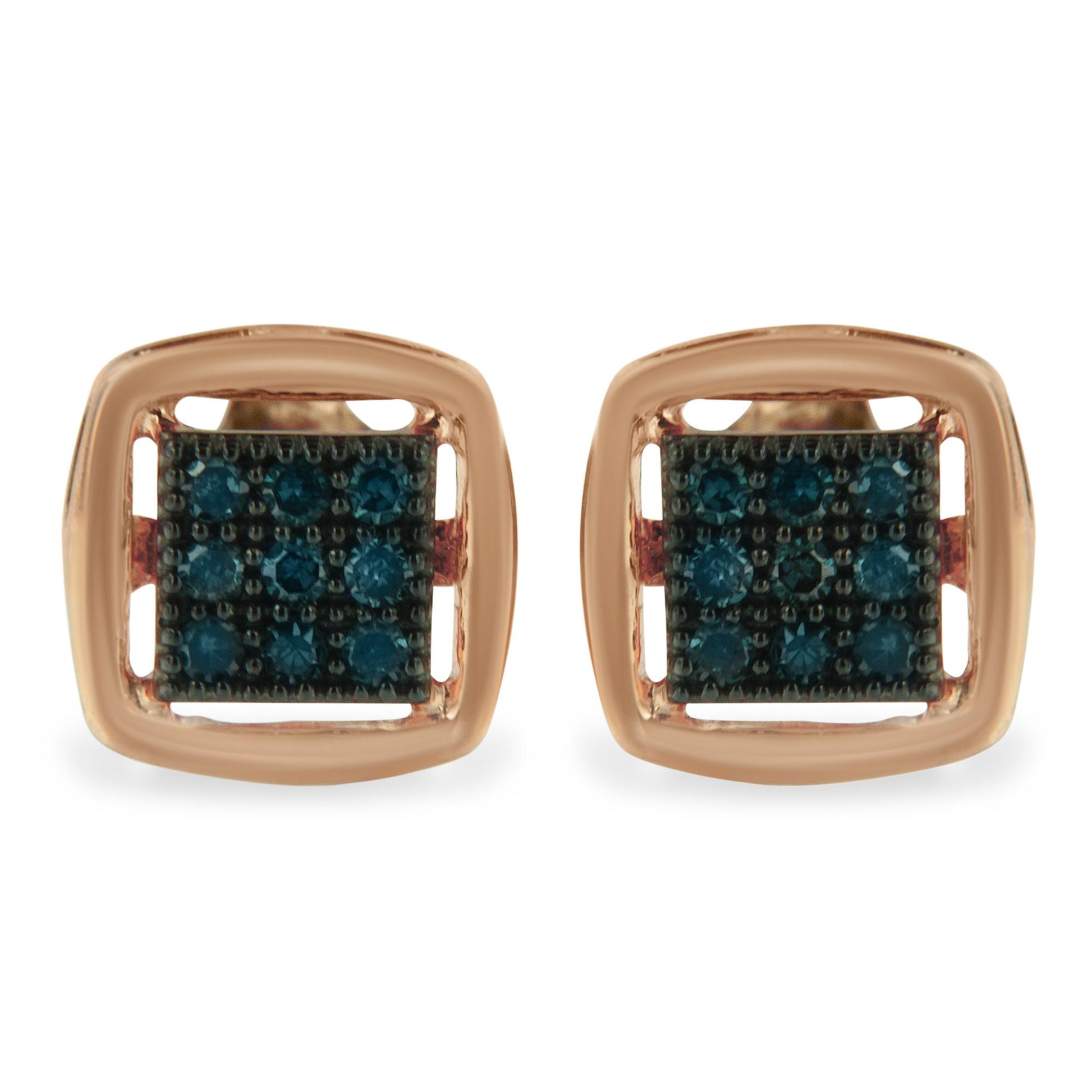 Front view of rose-colored square earrings with clusters of round blue gemstones in prong settings.
