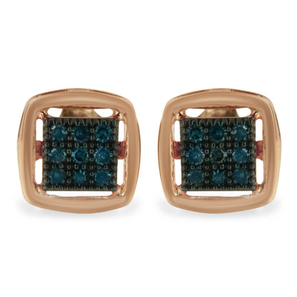 Front view of rose-colored square earrings with clusters of round blue gemstones in prong settings.