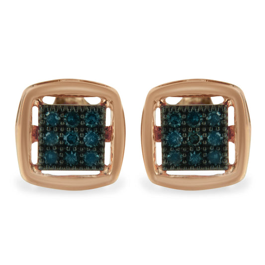 Front view of rose-colored square earrings with clusters of round blue gemstones in prong settings.