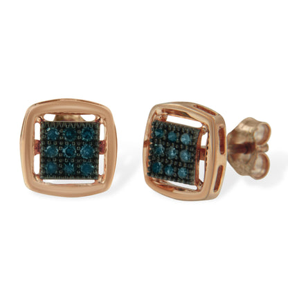 Pair of rose metal square-shaped stud earrings with blue round gemstones in prong setting, shown from front and angled side views.