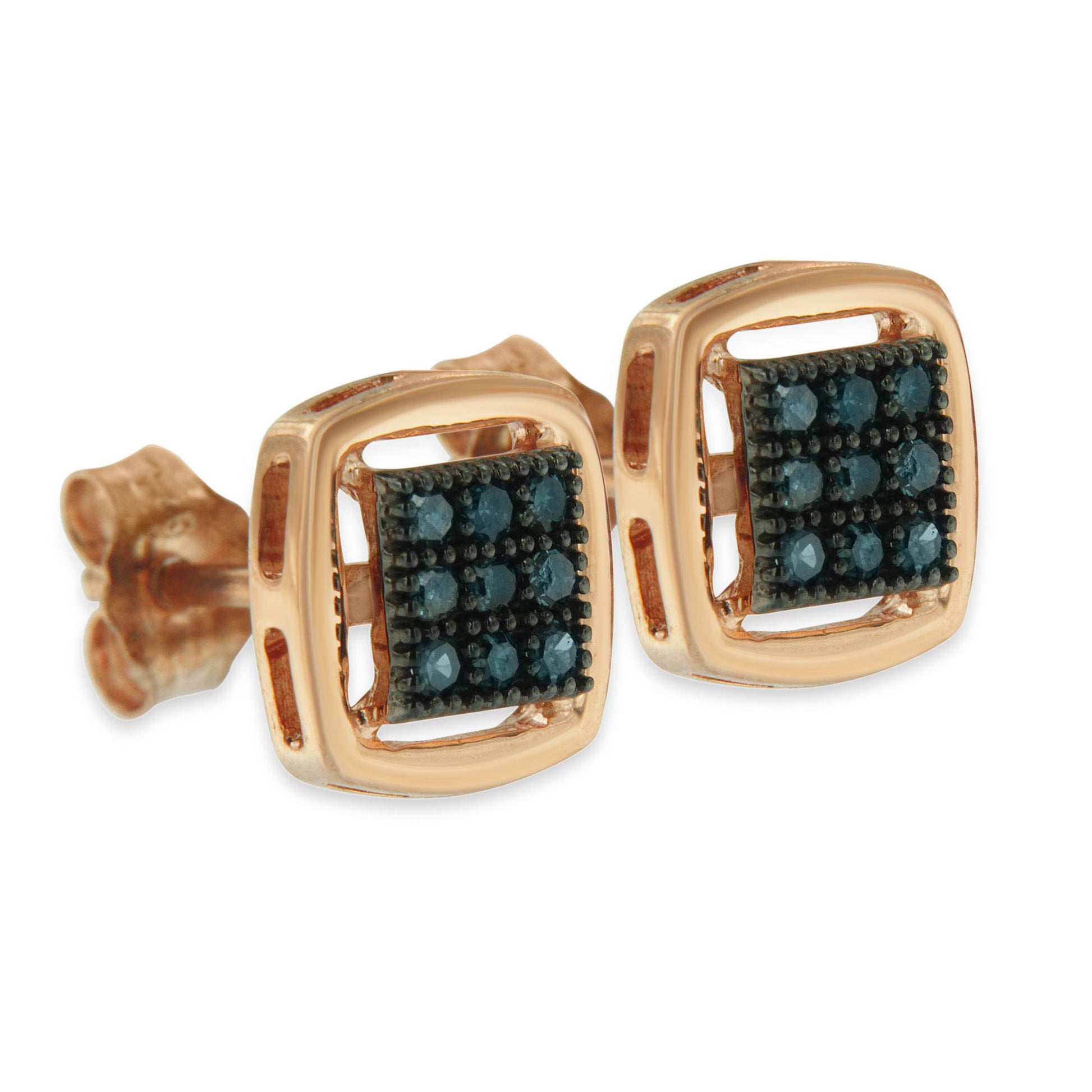Close-up front angle of rose-colored square stud earrings with multiple round prong-set blue gemstones.
