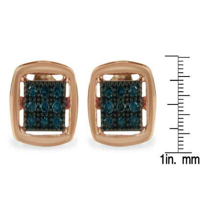 Front view of square rose metal earrings with clusters of round blue gemstones, shown on a scale for size reference.