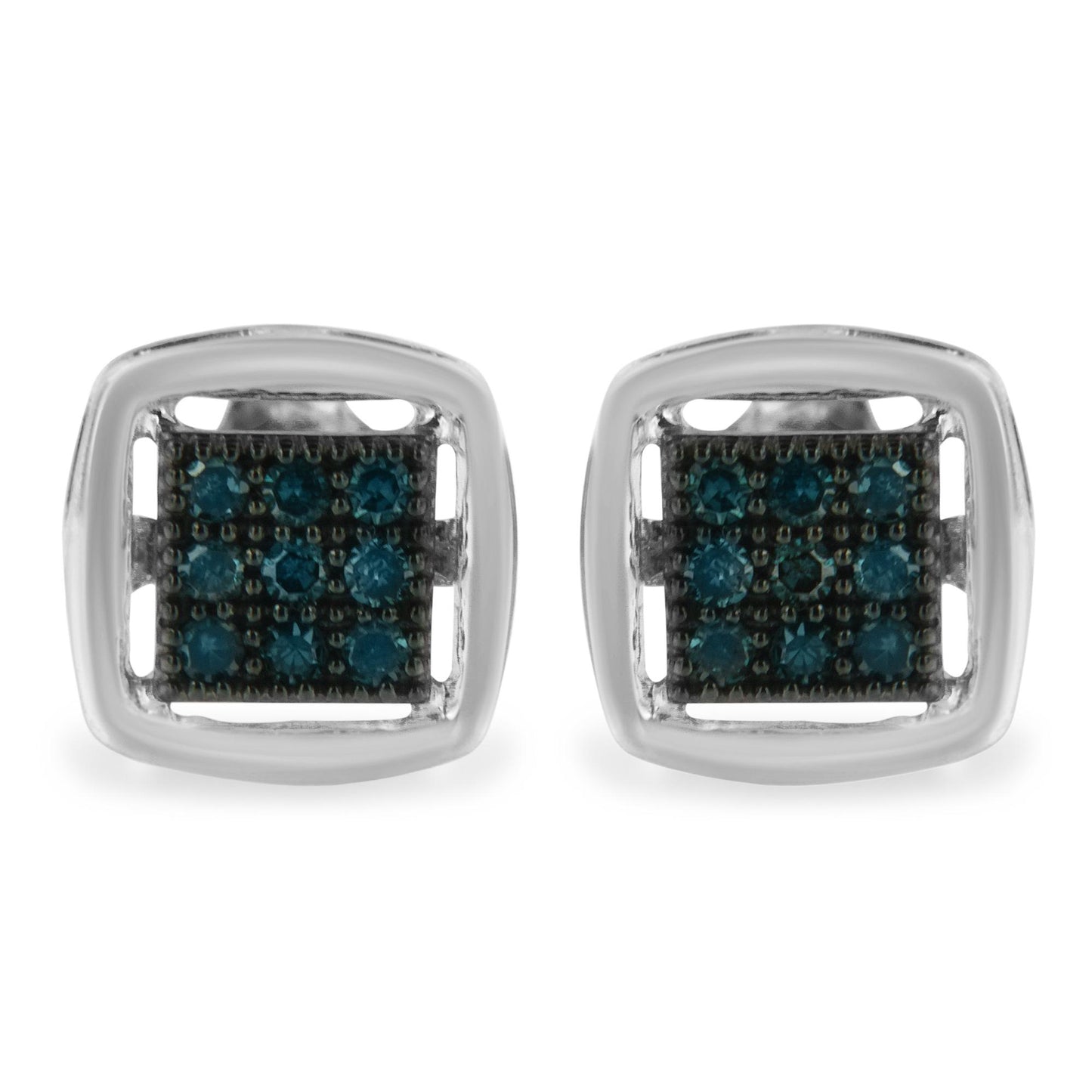Pair of white metal square-shaped earrings with multiple round blue gemstones in prong settings, shown from the front.