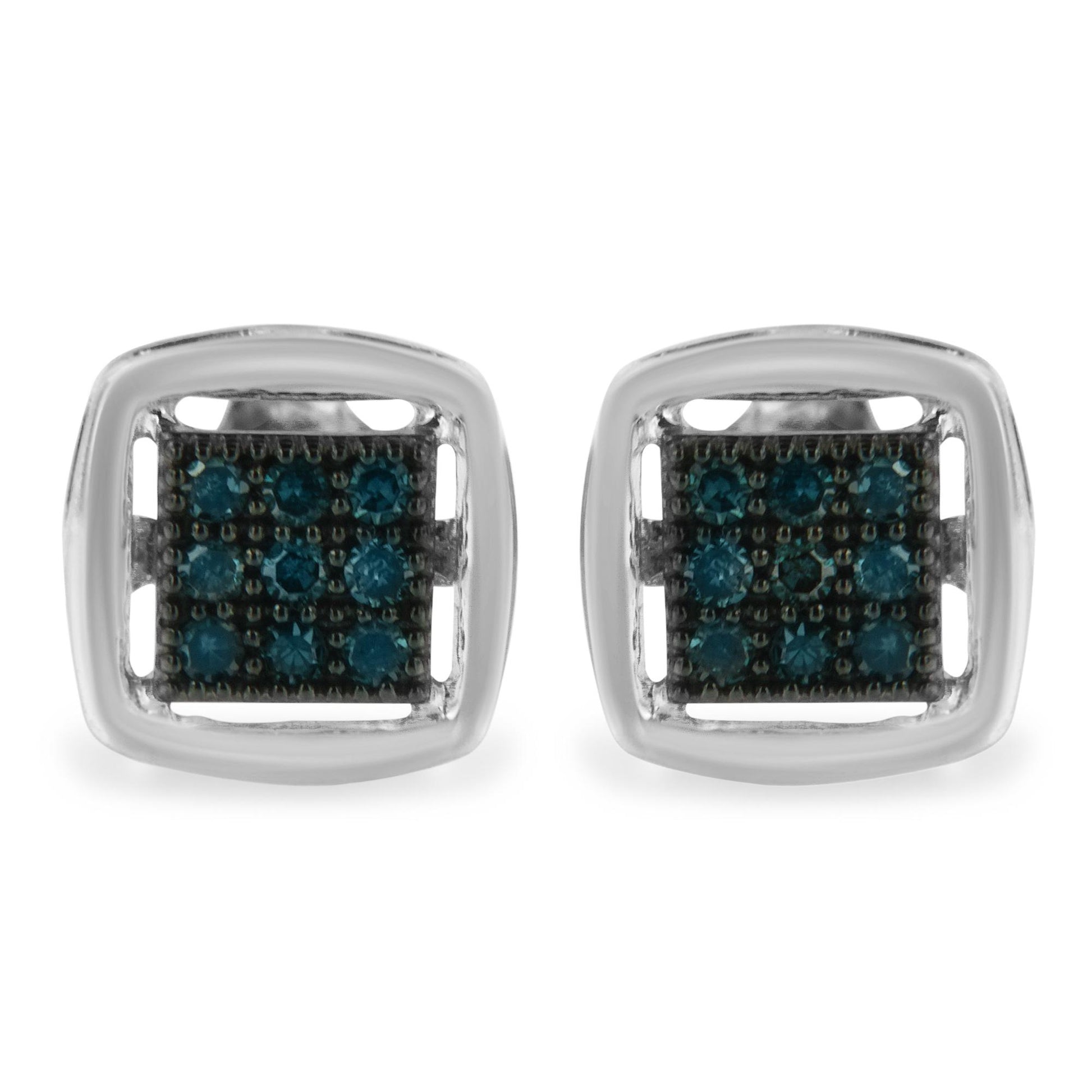 Pair of white metal square-shaped earrings with multiple round blue gemstones in prong settings, shown from the front.
