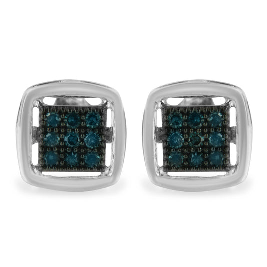 Pair of white metal square-shaped earrings with multiple round blue gemstones in prong settings, shown from the front.