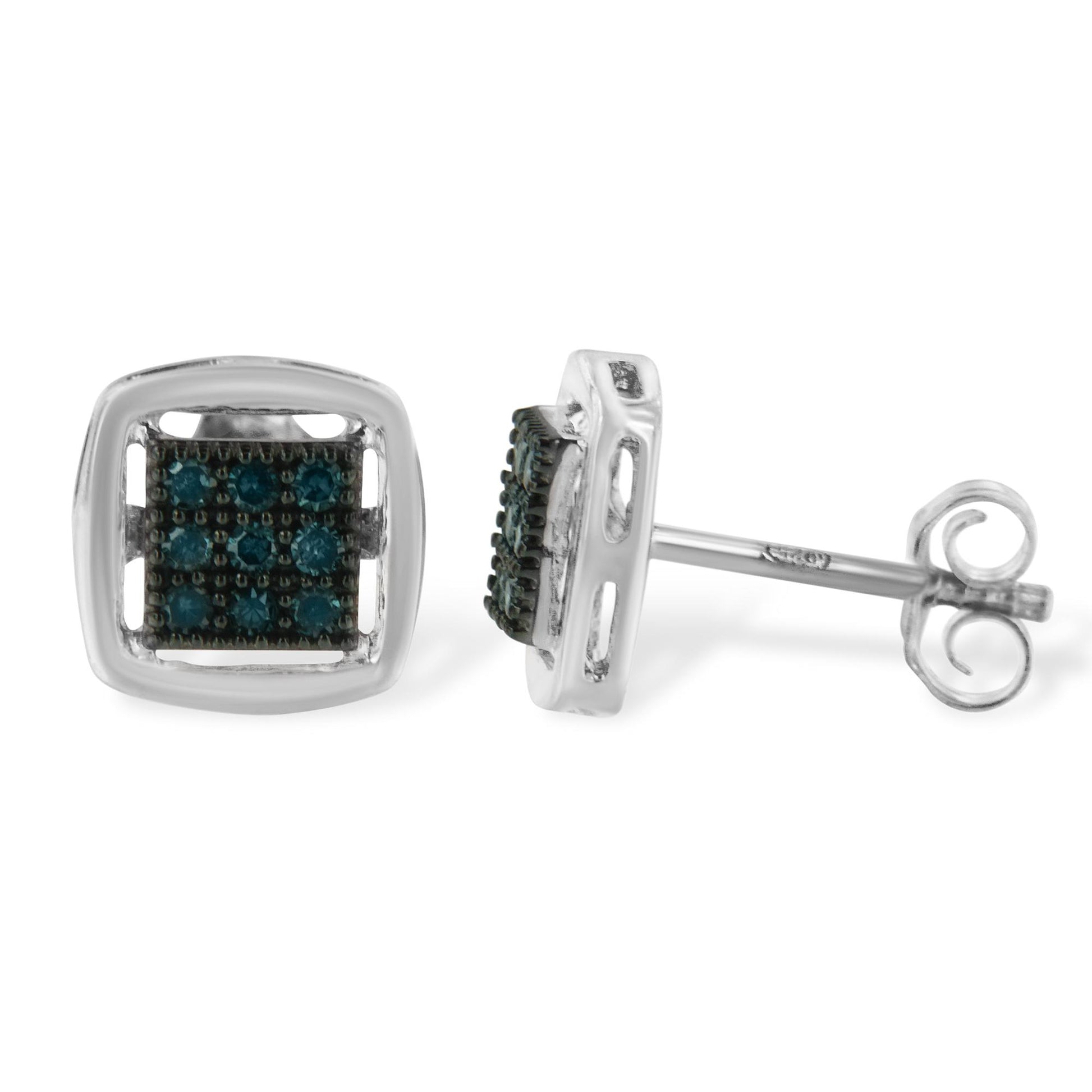 Pair of square-shaped white metal stud earrings with cluster of round blue gemstones in prong setting, shown from front and side angles.
