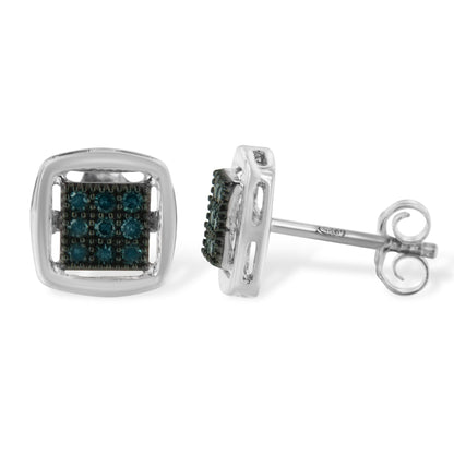 Pair of square-shaped white metal stud earrings with cluster of round blue gemstones in prong setting, shown from front and side angles.