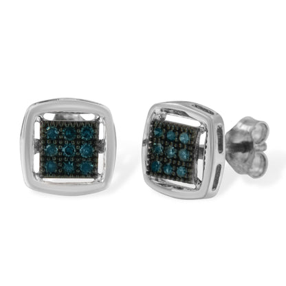 Pair of white metal square stud earrings with blue round gemstones in prong settings, shown in a front and side angled close-up view.