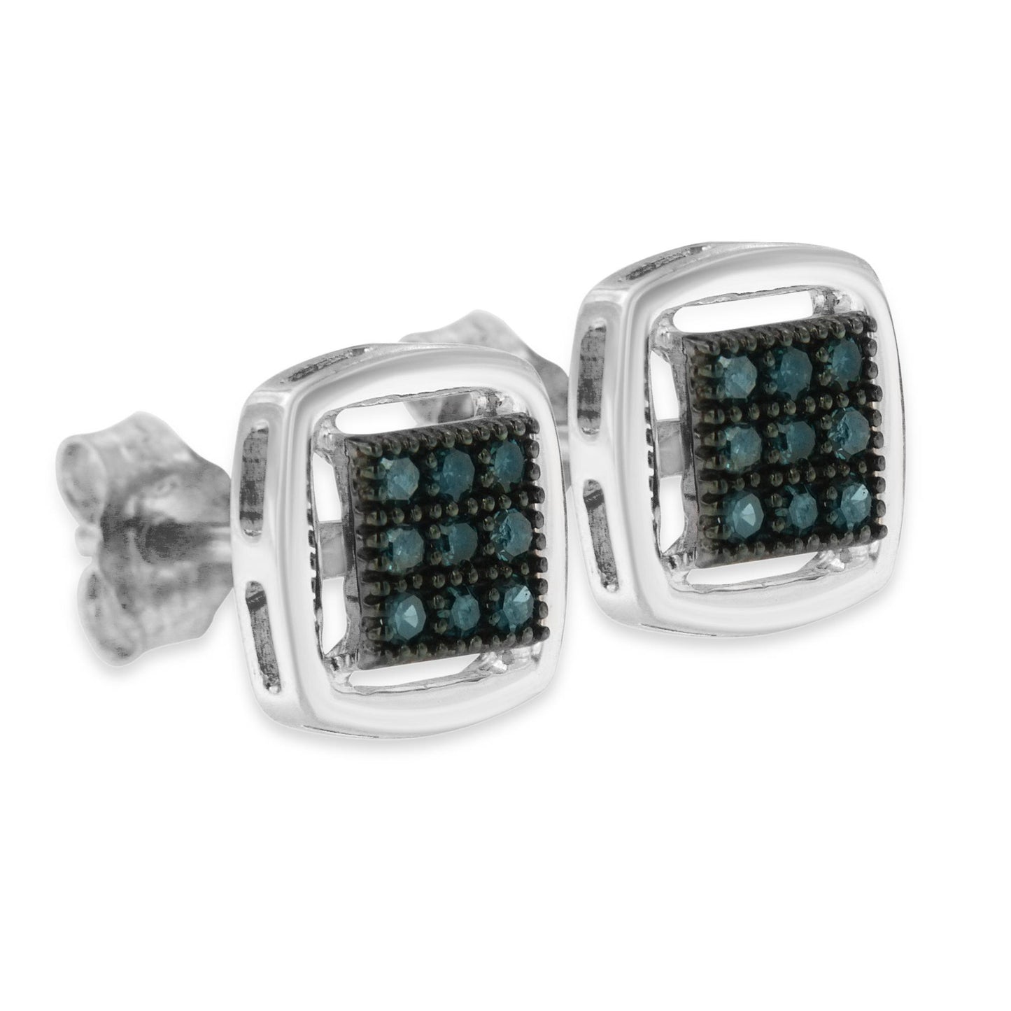 Close-up angled view of white metal stud earrings featuring square settings with multiple small blue round gemstones in prong settings.
