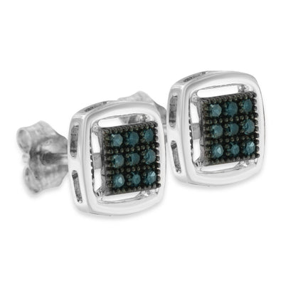 Close-up angled view of white metal stud earrings featuring square settings with multiple small blue round gemstones in prong settings.