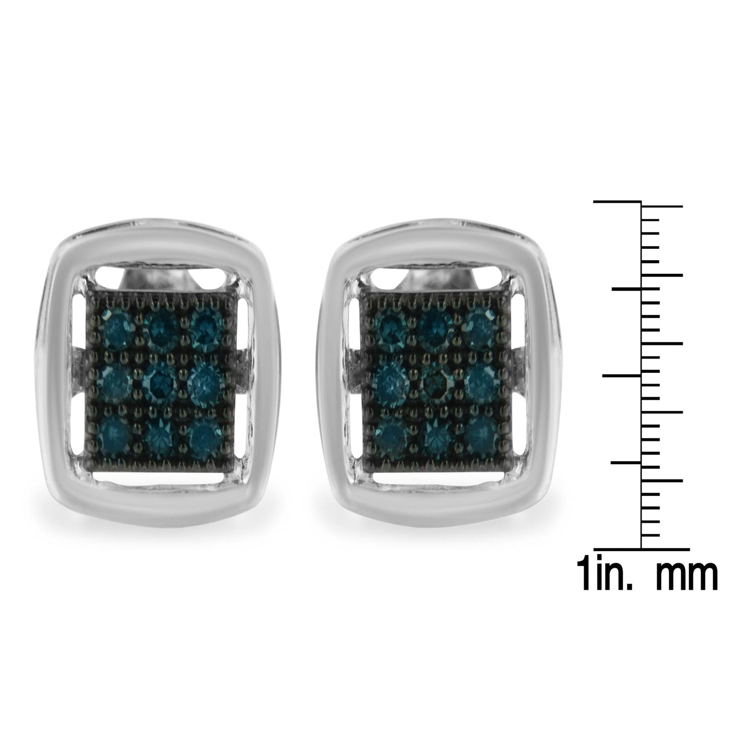 Front view of square white metal earrings with small round blue gemstones in prong settings, shown next to a ruler for size reference.