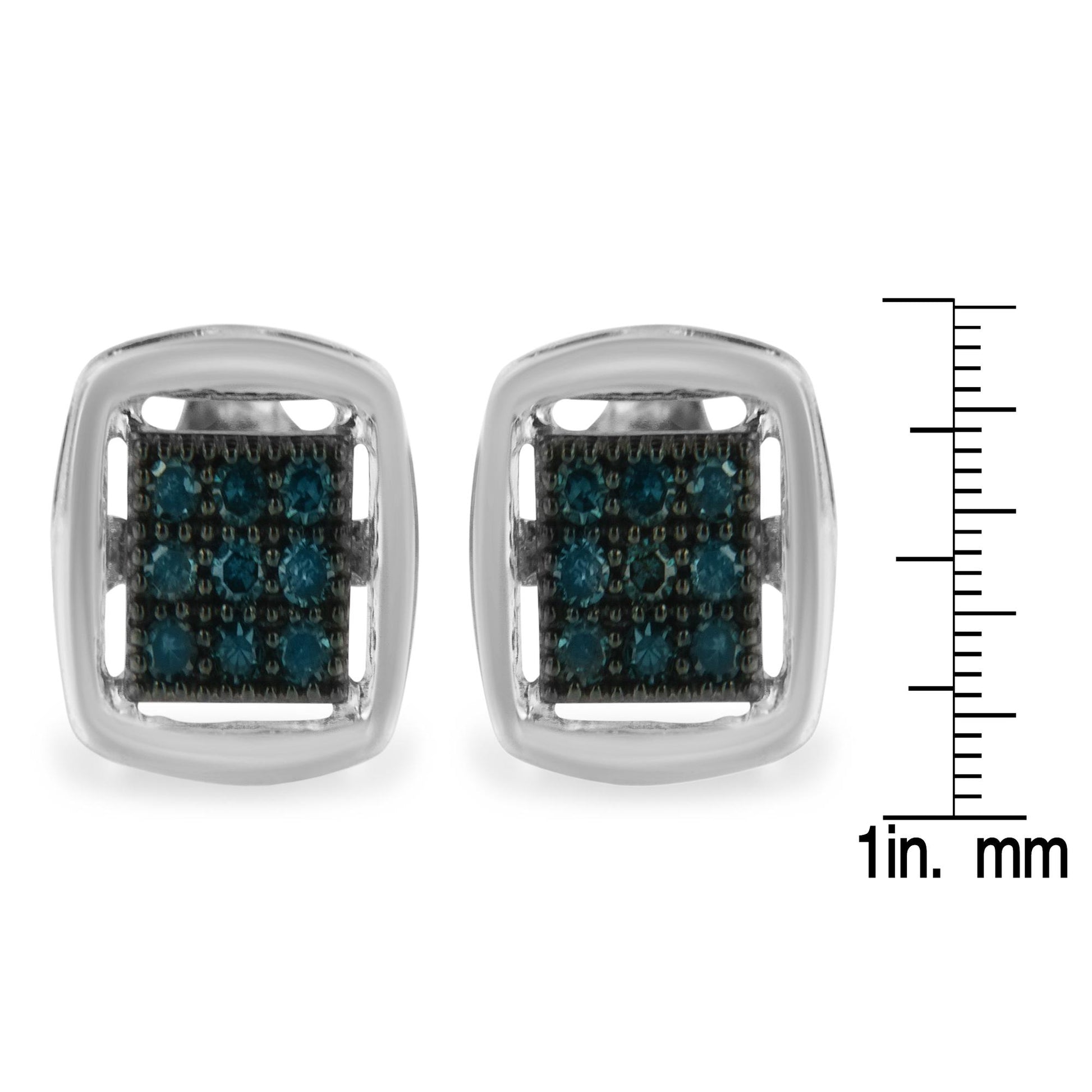 Front view of square white metal earrings with small round blue gemstones in prong settings, shown next to a ruler for size reference.