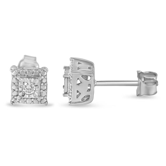 Close-up front and side view of a white metal square stud earring with a central round white gemstone in a miracle setting surrounded by smaller white gemstones.