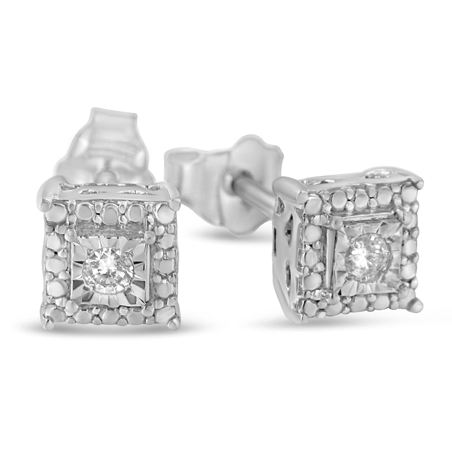 Close-up front and side view of square white metal stud earrings with a round white gemstone set in the center surrounded by small bead-like details.