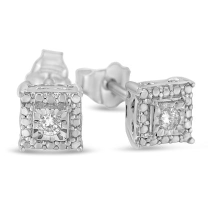 Close-up front and side view of square white metal stud earrings with a round white gemstone set in the center surrounded by small bead-like details.