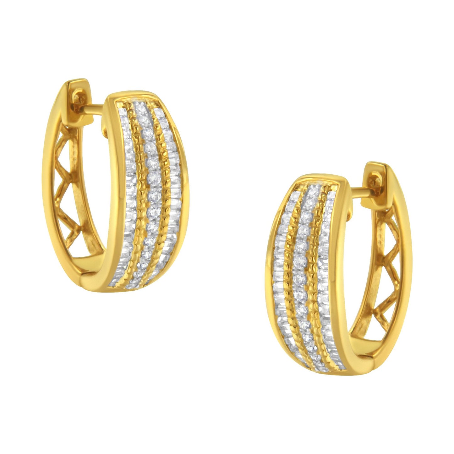 Pair of yellow metal hoop earrings with three vertical rows of white round and baguette gemstones, shown at a slight angle.