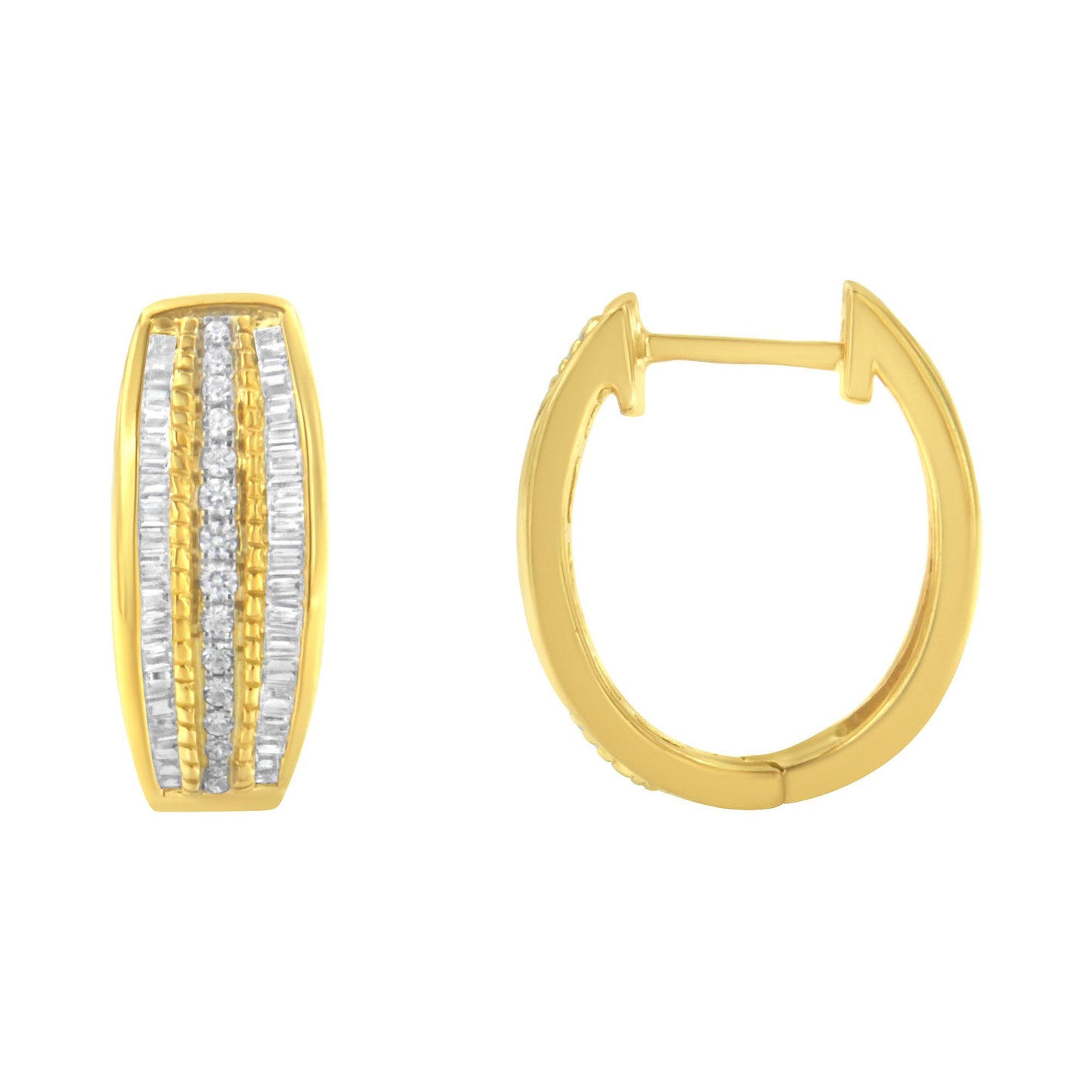 Front and side view of yellow metal hoop earrings with white round pave and baguette channel set gemstones.