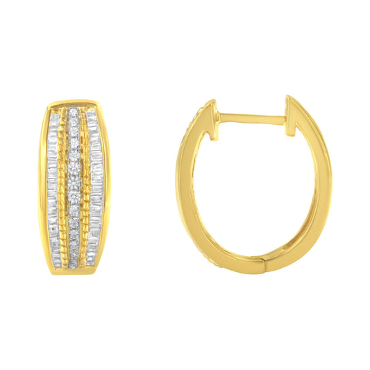 Front and side view of yellow metal hoop earrings with white round pave and baguette channel set gemstones.
