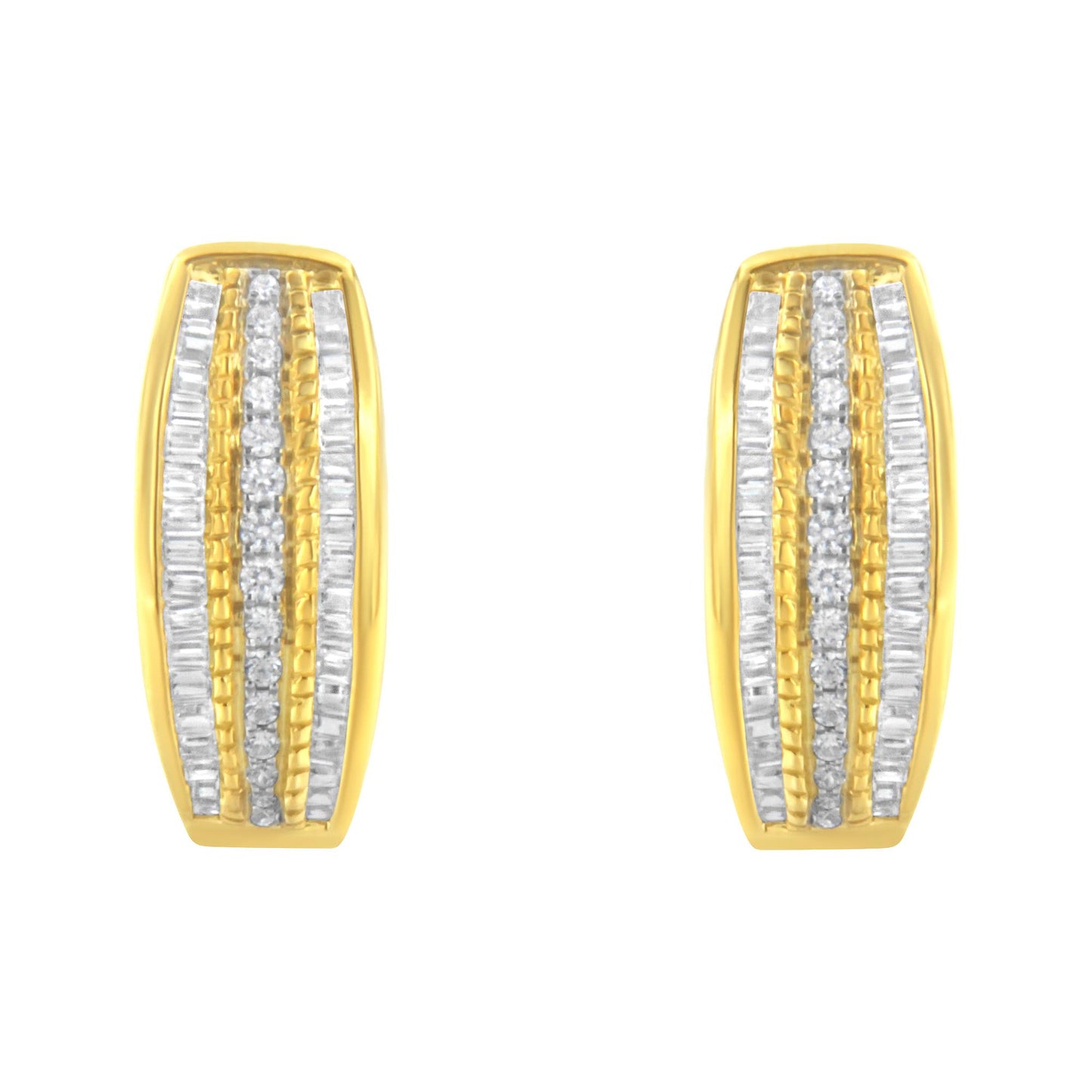 Front view of a pair of yellow metal earrings with rows of white round pave set gemstones in the center and white baguette channel set gemstones on each side.