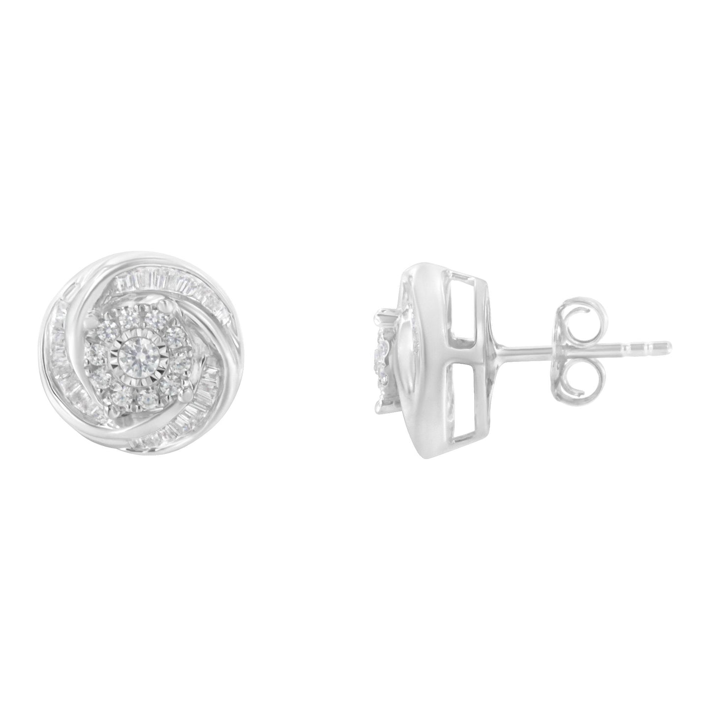 Pair of white metal stud earrings with round and baguette shaped white gemstones, shown from front and side angles.
