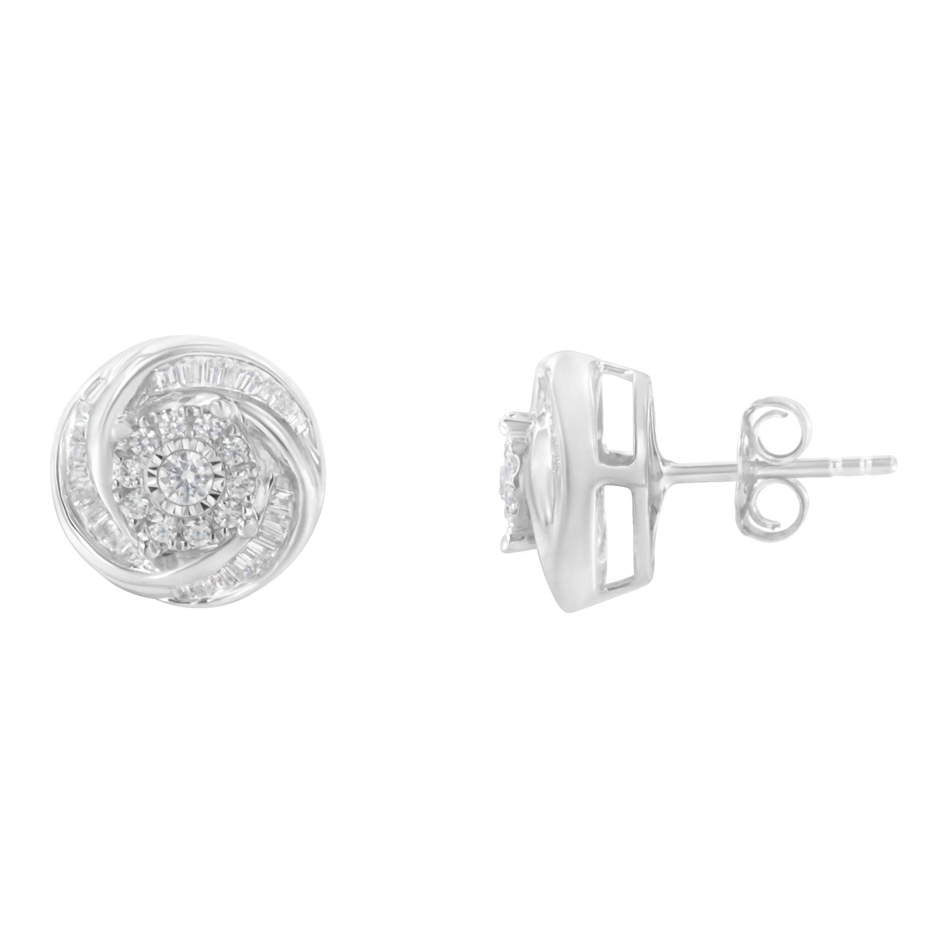Pair of white metal stud earrings with round and baguette shaped white gemstones, shown from front and side angles.