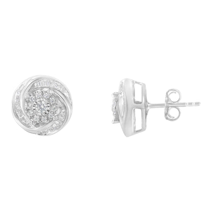 Pair of white metal stud earrings with round and baguette shaped white gemstones, shown from front and side angles.