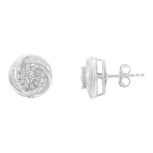 Pair of white metal stud earrings with round and baguette shaped white gemstones, shown from front and side angles.