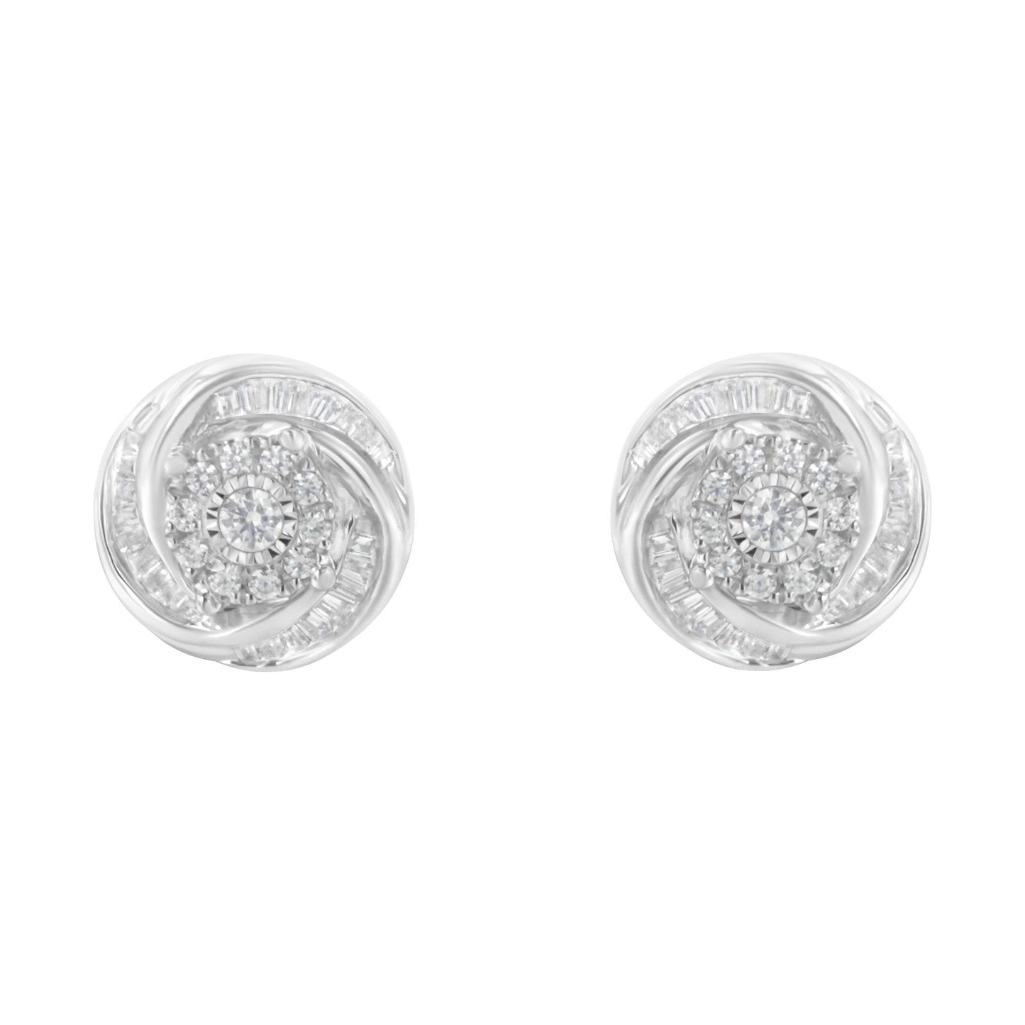 Pair of white metal round stud earrings with a central round gemstone cluster surrounded by baguette-shaped gemstones in a swirling design, shown from the front.