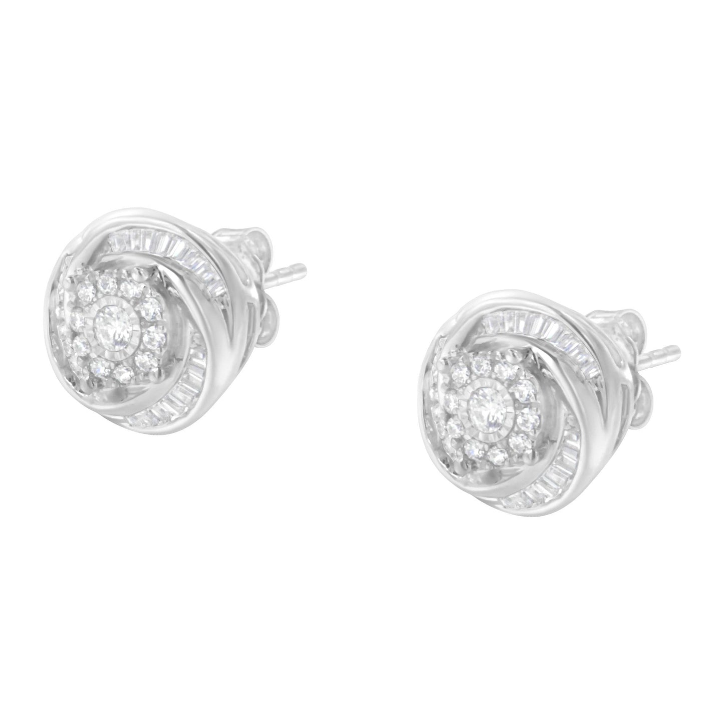 Pair of white metal stud earrings with round and baguette-shaped white gemstones, shown from a front angled view.