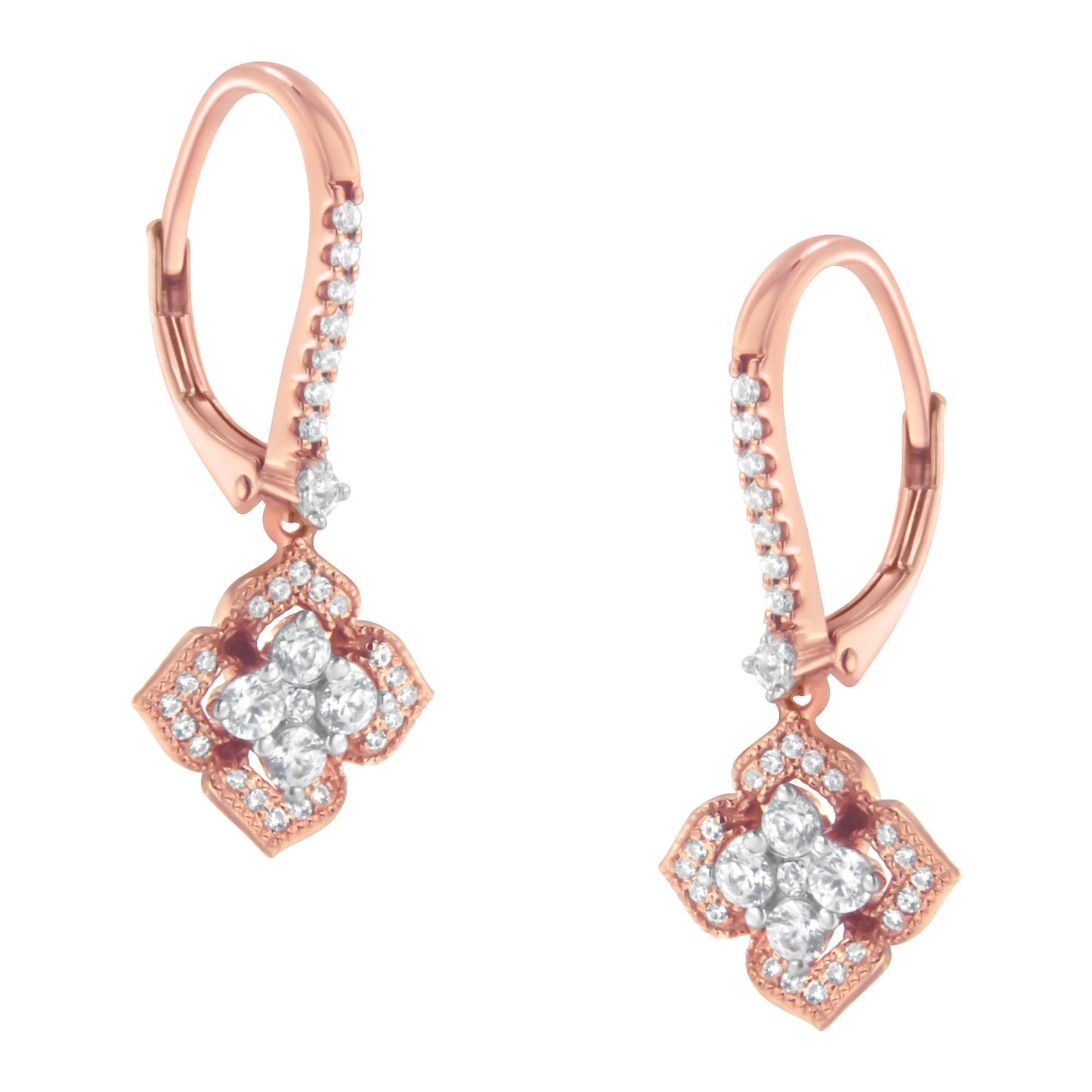 Front facing close-up of a pair of rose metal drop earrings set with multiple round white gemstones in prong settings.