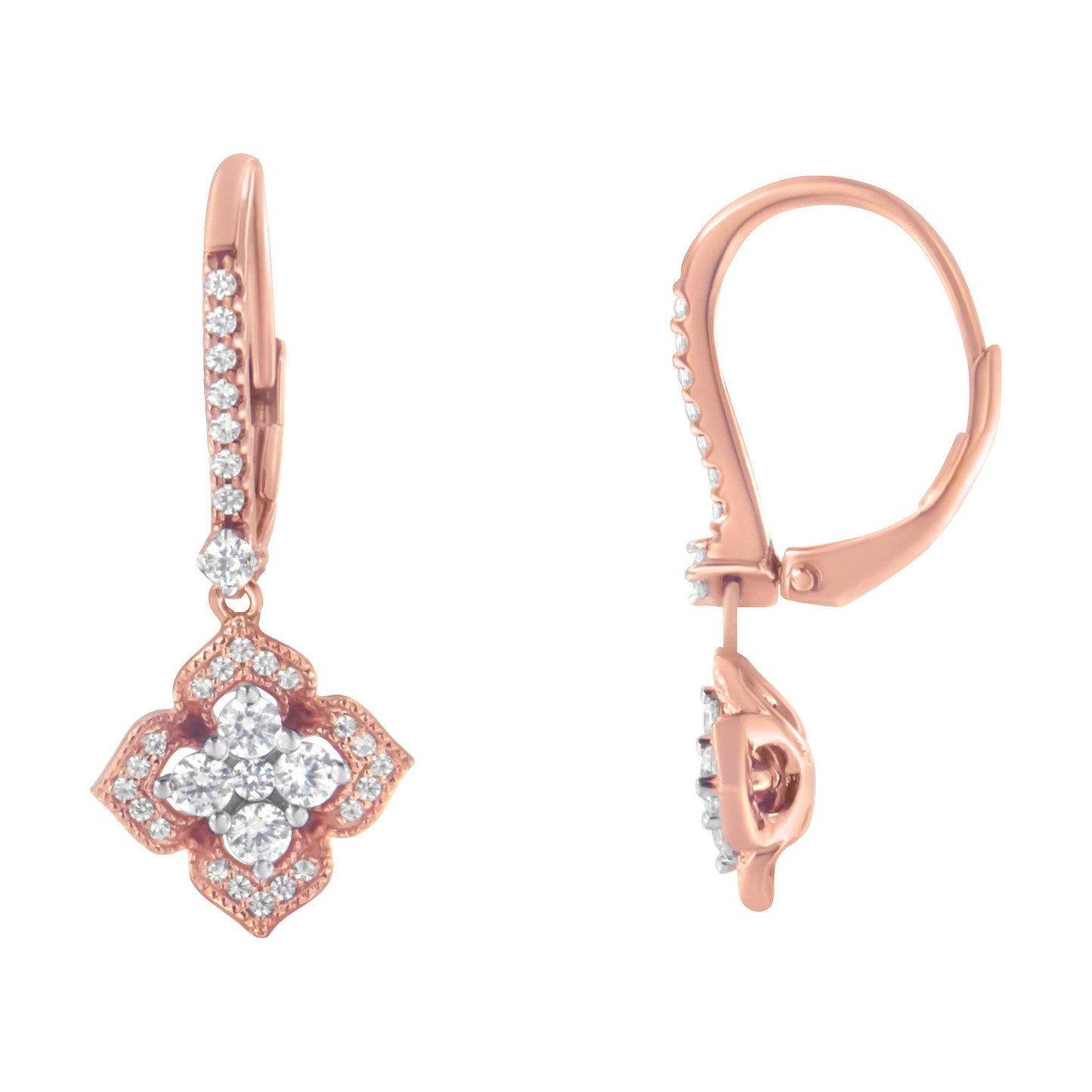Front and side view of rose metal drop earrings with round white gemstones in prong settings arranged in a floral pattern and along the hoop, shown against a white background.