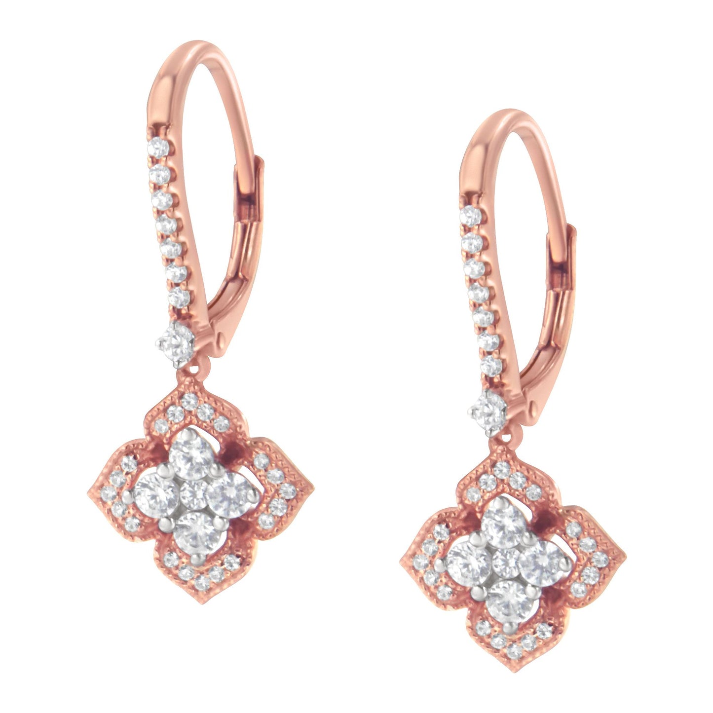 Pair of rose metal drop earrings with white round gemstones in prong settings, shown from a front angle.