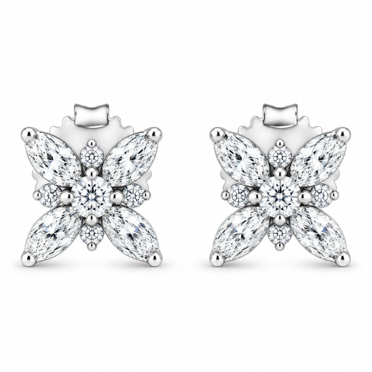 Front view of 14K white gold marquise diamond flower stud earrings with eight marquise and two round diamonds on white