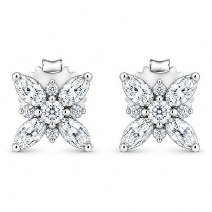 Front view of 14K white gold marquise diamond flower stud earrings with eight marquise and two round diamonds on white