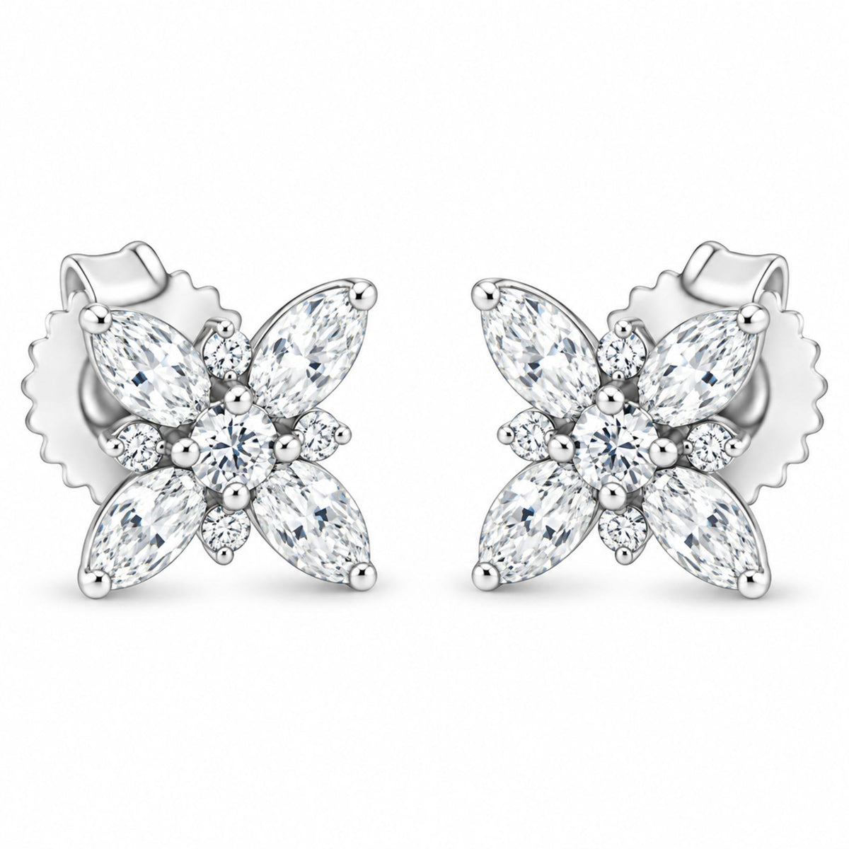 Front view of 14K white gold flower stud earrings showcasing eight marquise and two round diamonds on white background