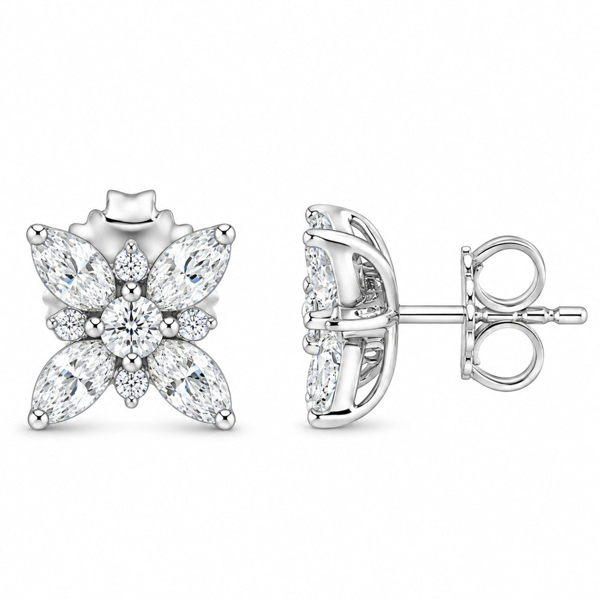 Front and side views of a 14K white gold flower stud earring showcasing eight marquise and two round diamonds
