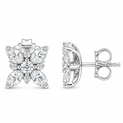 Front and side views of a 14K white gold flower stud earring showcasing eight marquise and two round diamonds