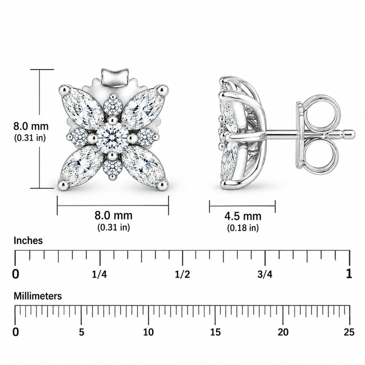 Front and side views of 14K white gold flower stud earring with marquise and round diamonds, 8.0 mm wide and 4.5 mm deep