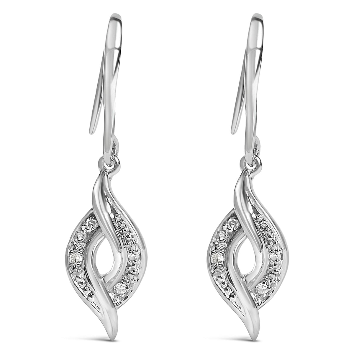 Close-up front view of a pair of white metal earrings with intertwined loops featuring pave-set round white gemstones.