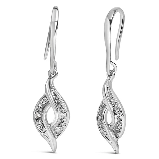 Close-up front view of sterling silver earrings with intertwined loop shapes and pave-set natural round diamonds, shown against a white background.