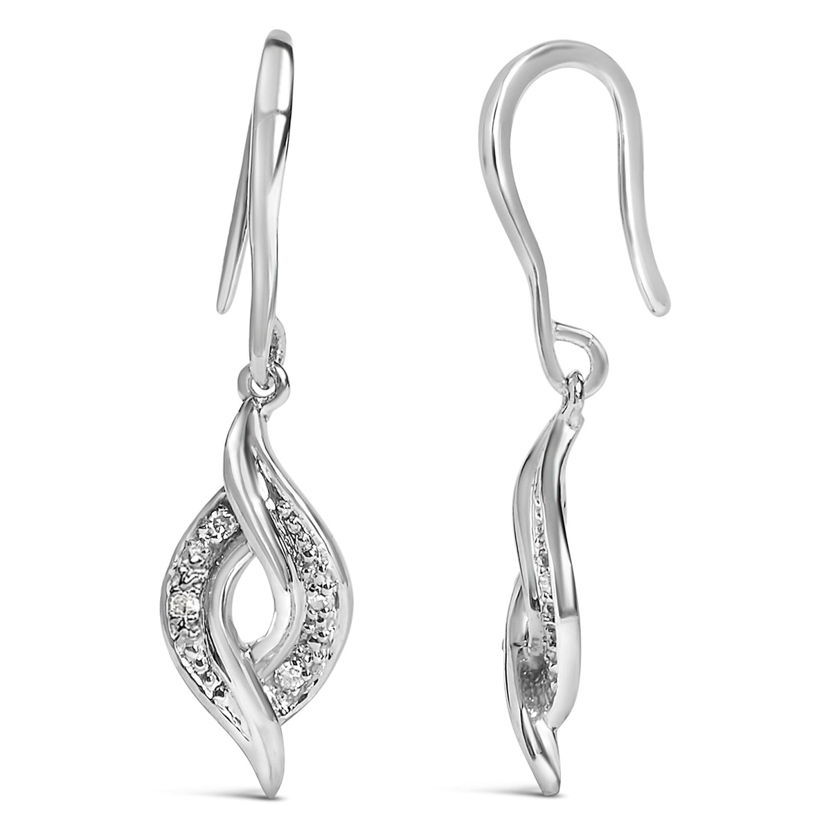 Close-up front and side view of white metal earrings with intertwined design featuring round pave set white gemstones.