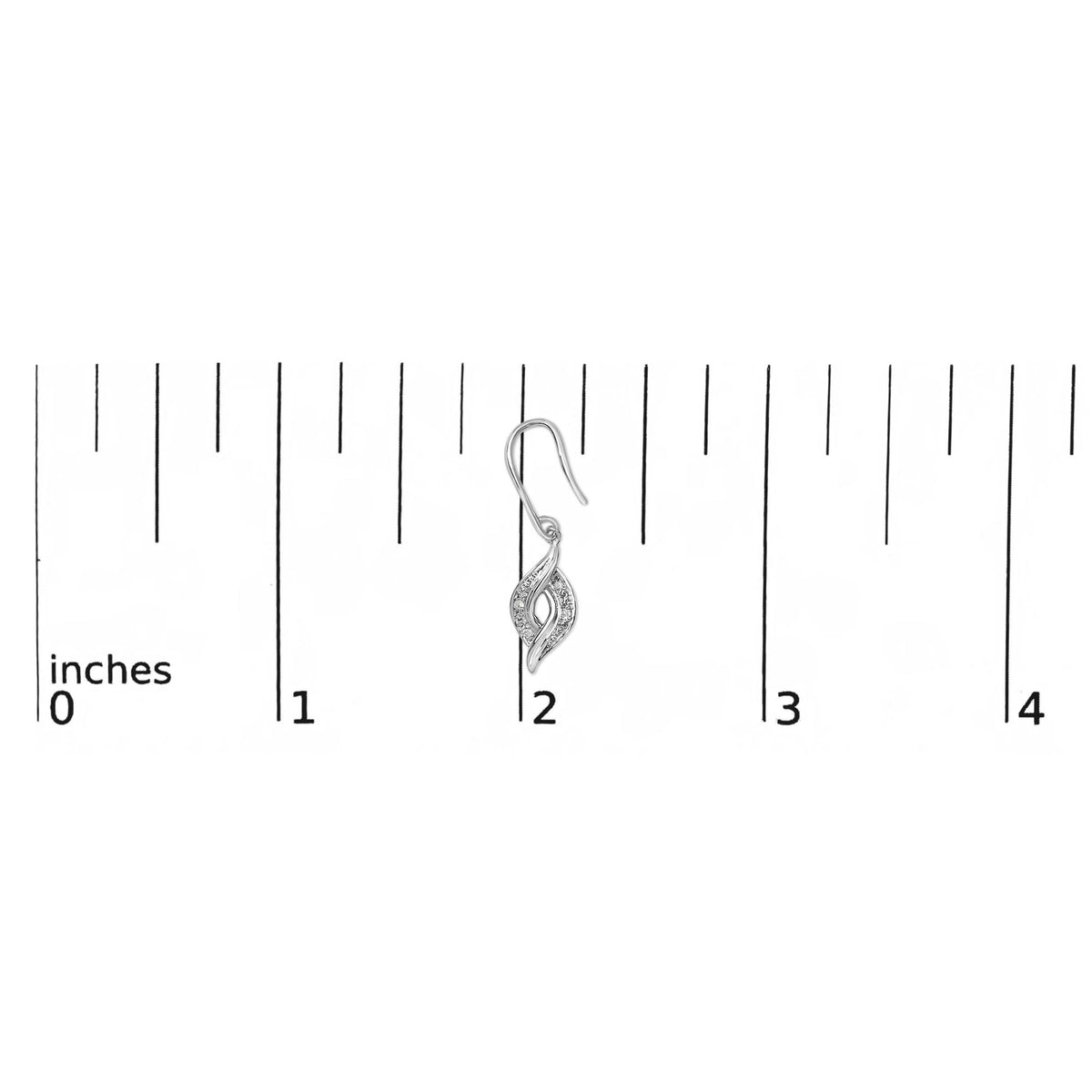 Earring with an intertwined teardrop design featuring pave-set white gemstones, shown on a ruler for scale, photographed from the front angle.