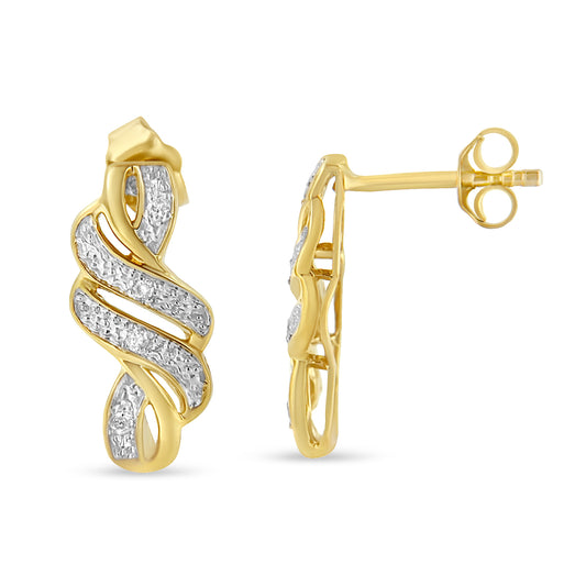Front and side views of a pair of yellow and white metal earrings with a twisted design set with small white gemstones in pave setting.