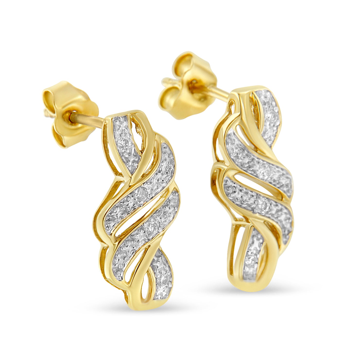 Pair of yellow metal earrings with twisted design featuring pave-set white round gemstones, shown in a close-up front angle.