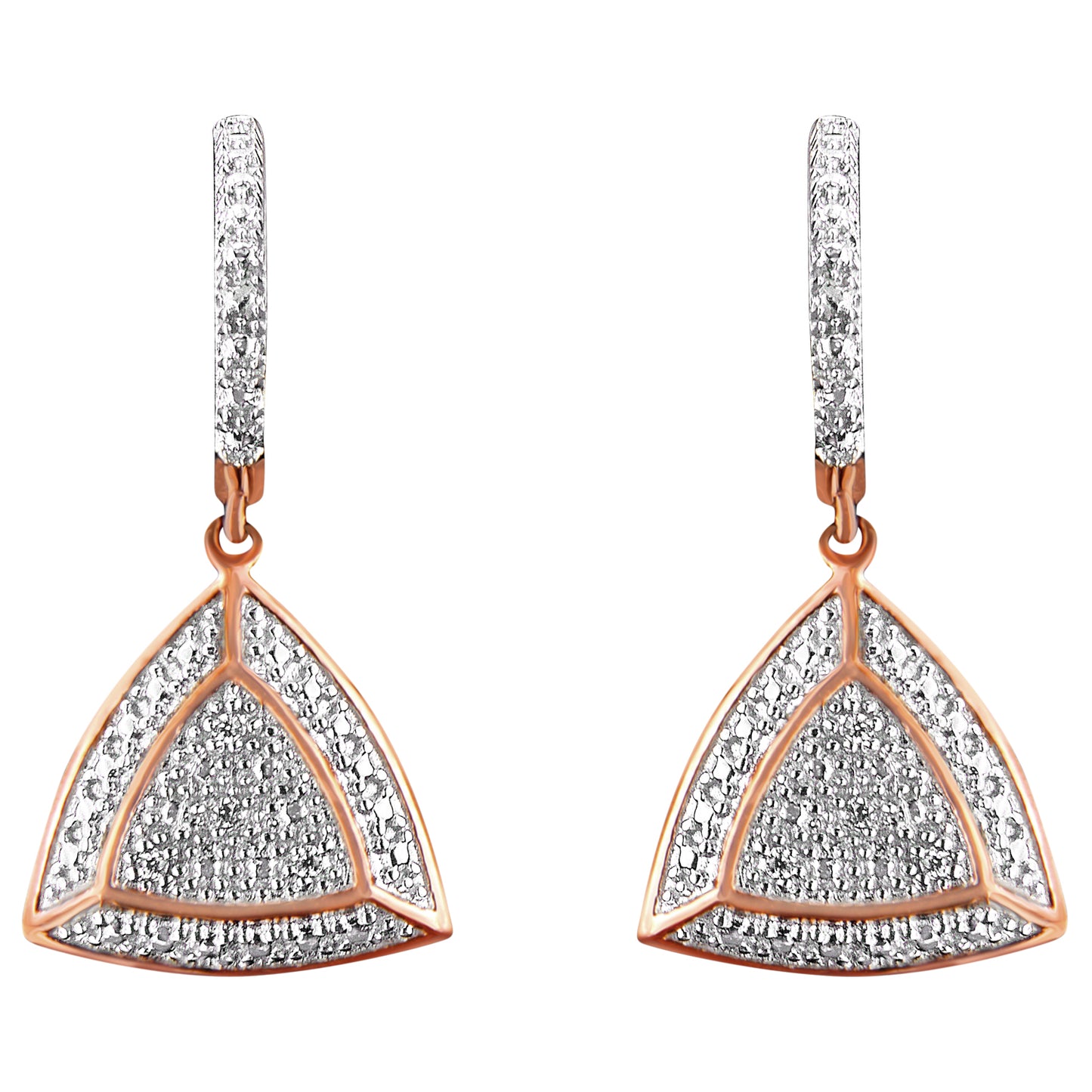 Front view of a pair of rose metal drop earrings with triangular shapes adorned with pave white round gemstones on both the triangular drops and the hoops.