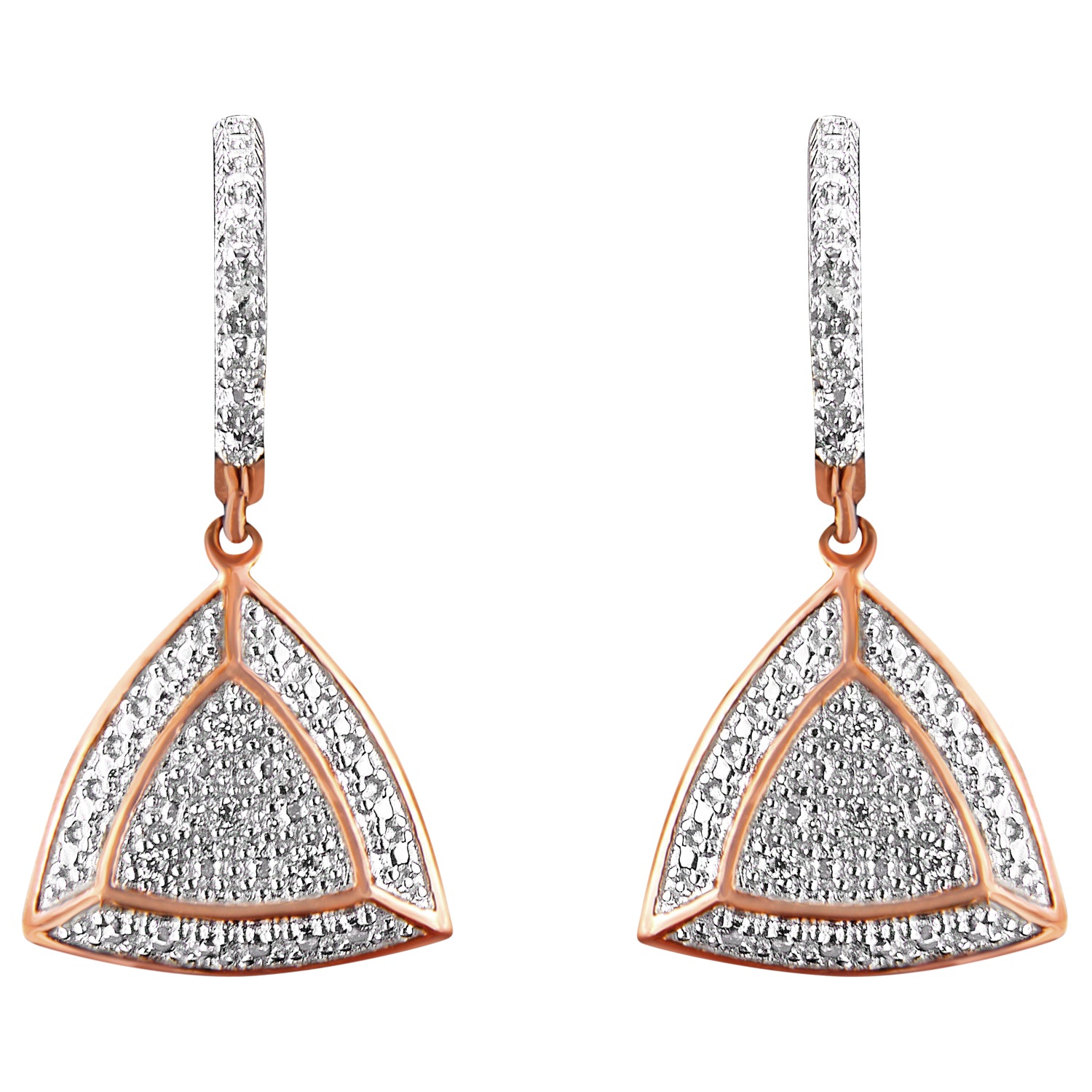 Front view of a pair of rose metal drop earrings with triangular shapes adorned with pave white round gemstones on both the triangular drops and the hoops.