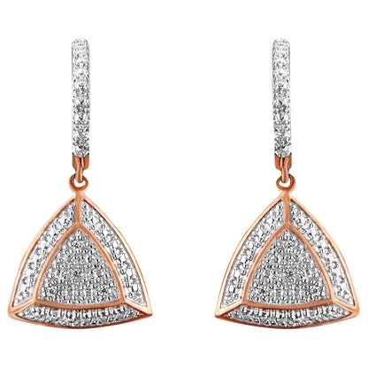 Front view of a pair of rose metal drop earrings with triangular shapes adorned with pave white round gemstones on both the triangular drops and the hoops.