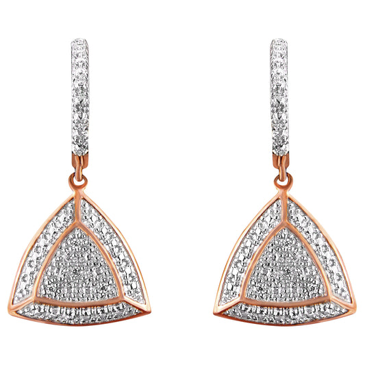 Front view of a pair of rose metal drop earrings with triangular shapes adorned with pave white round gemstones on both the triangular drops and the hoops.