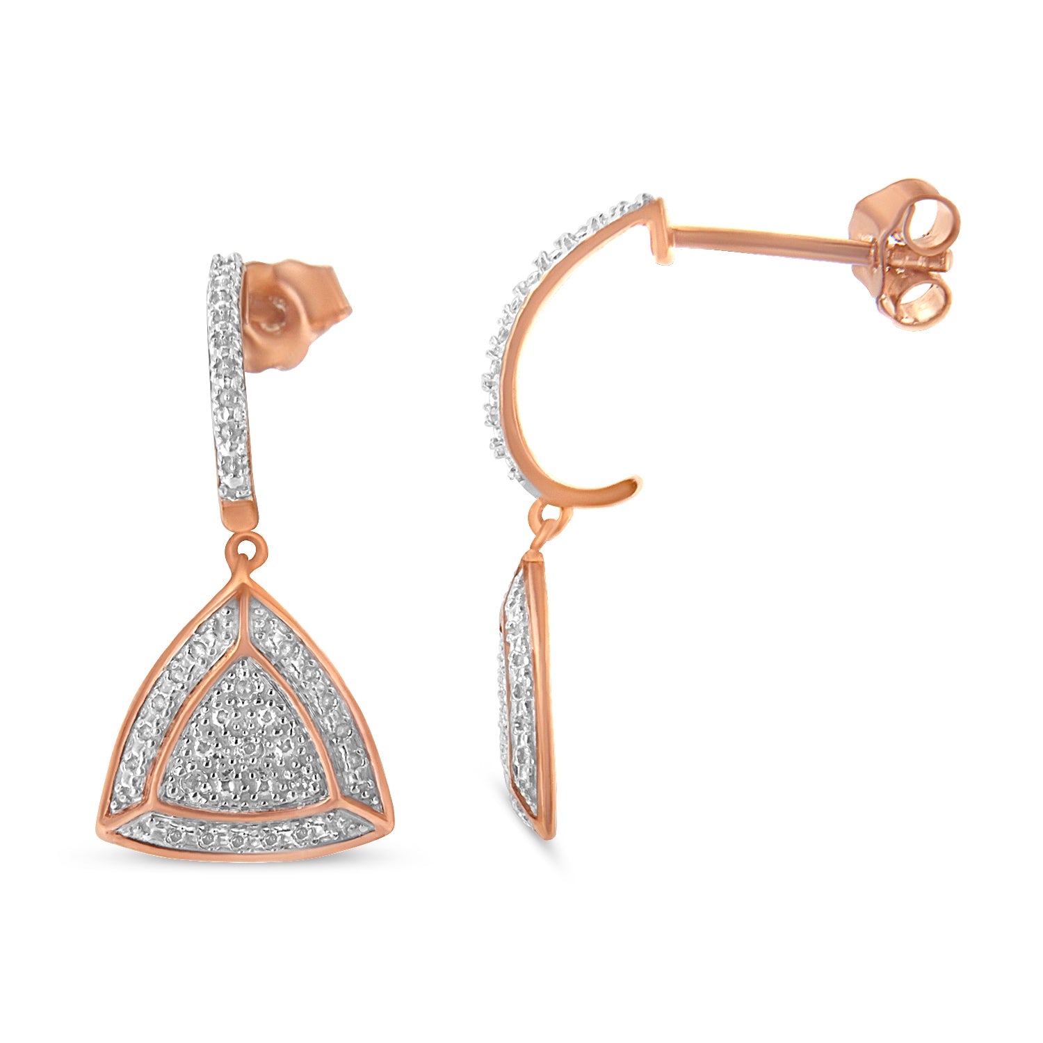 Pair of rose metal drop earrings with triangular shapes and white gemstones in pave setting, shown at front and side angles.