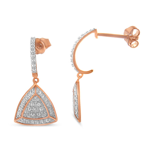 Pair of rose metal drop earrings with triangular shapes and white gemstones in pave setting, shown at front and side angles.